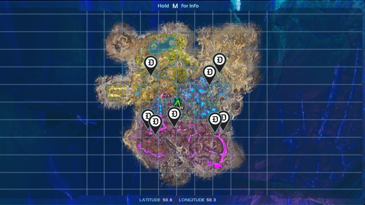 Ark Survival Ascended Aberration map with markers for Red Gems