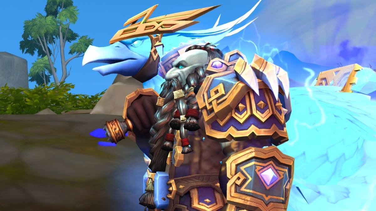 A short man with a long beard and a glowing blue bird mount in wow the war within