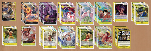 An example decklist build for the Black/Yellow Monkey D. Luffy combo deck being played in the OP08 metagame.