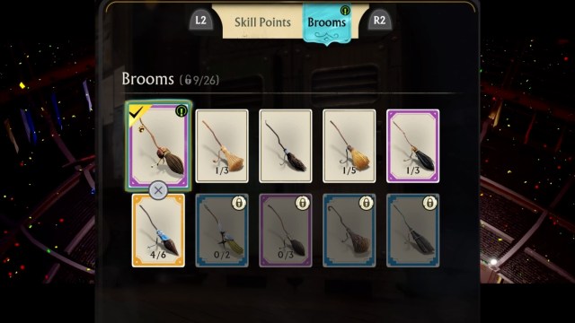 10 individual cards showing the 10 base category of brooms in quidditch champions
