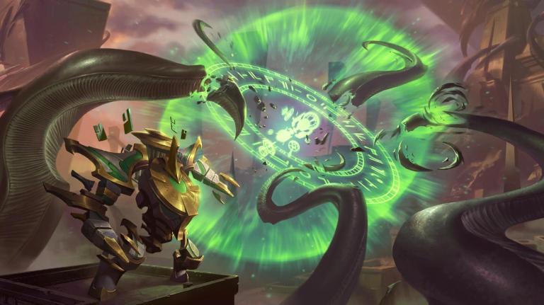 A huge golden robot stares at a magical green explosion in League of Legends' futuristic Runeterra region