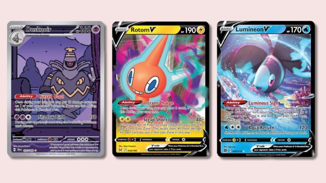 Dusknoir, Rotom, and Lumineon Pokemon cards.