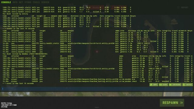 Console window displaying the combat log in Rust