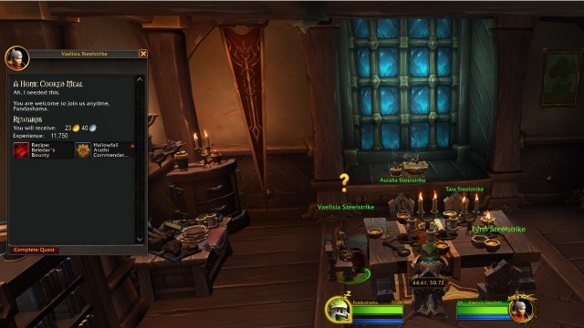 A completion card with reward details for the a home cooked meal quest in wow the war within