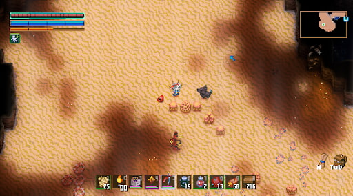 Screenshot of pixelated game, Core Keeper, with multiple items, including a Scarab Wing, needed to summon the Sand Titan