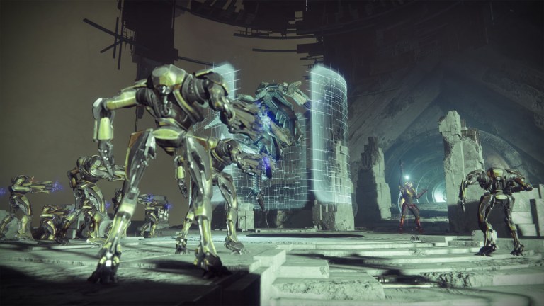 A Vex army battles a large Cabal psion in a cavern in Destiny 2.