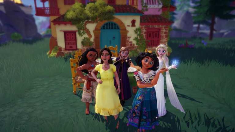 Standing with Elsa, Anna, Moana, and Mirabel in front of Casita in Disney Dreamlight Valley.