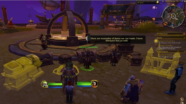 A player interacting with the arathi goods displays in wow the war within