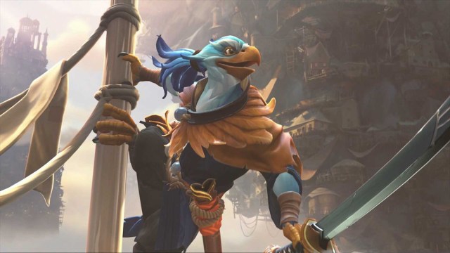 A close-up shot of a bird holding a sword and swinging on a pole in Dota 2.