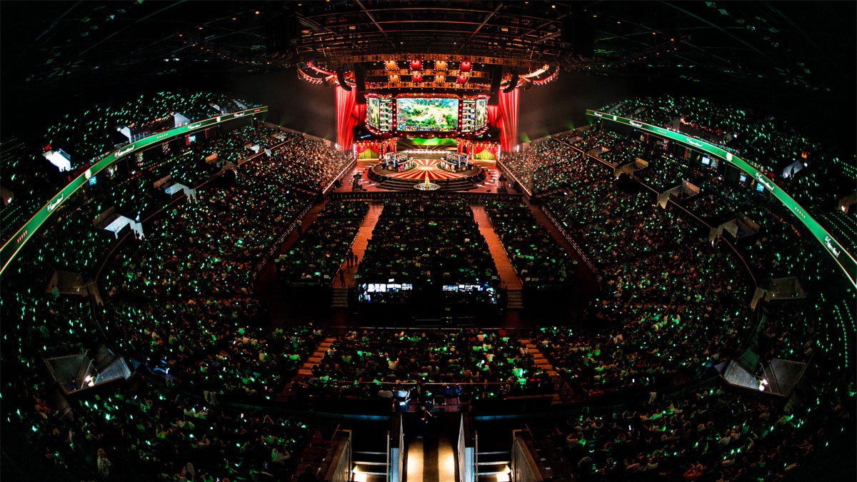 An overhead shot of the Royal Arena in Copenhagen, Denmark, with Dota's TI 2024 tournament in full swing.