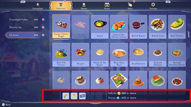 A red box outlining the energy and star coin earnings for the cream cheese bagel in dreamlight valley