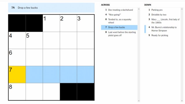 The Drop a few bucks clue highlighted on the NYT Mini Crossword.