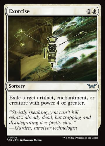 Artifact vaporizing surroundings with white shadowns and an outline of monster in MTG Duskmourn set