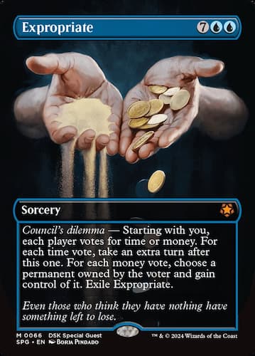 Two hands - one with gold and one with sand, pouring both out in Duskmourn MTG set