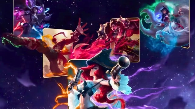 Kai'Sa, Lee Sin, Miss Fortune, Darius, and Ahri on physical cards Rune Battleground