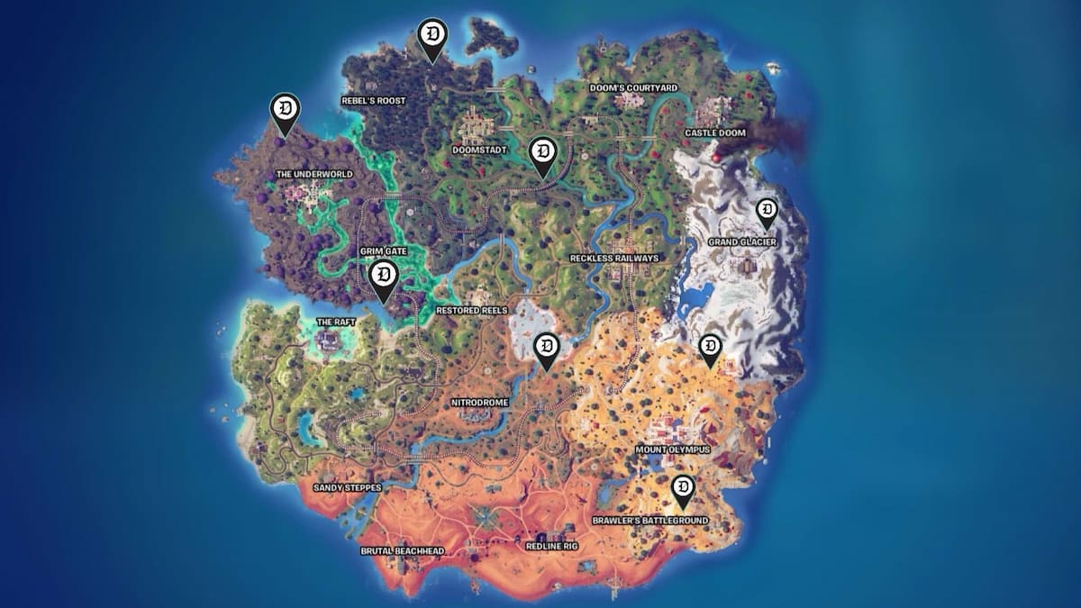 All dig site locations marked on a map in Fortnite.