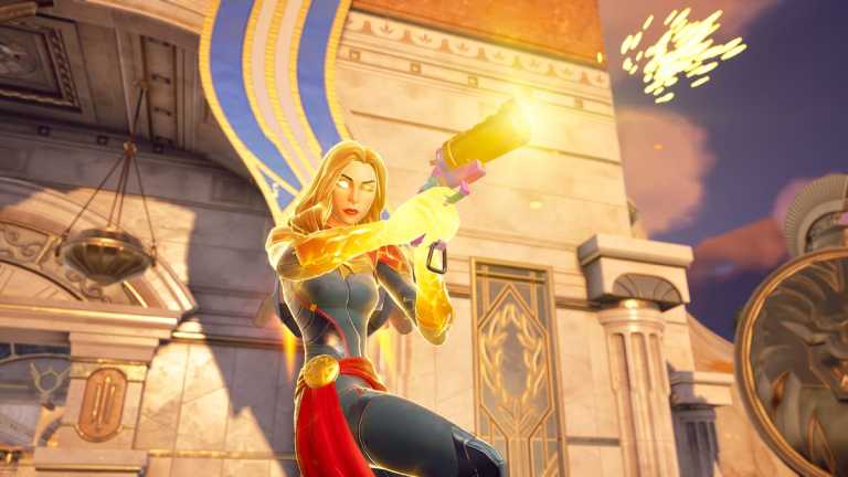 Captain Marvel shooting a Firework Flare Gun in Fortnite.