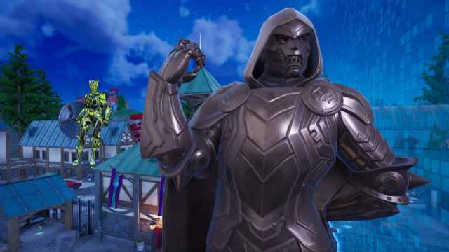 Flying by the Doctor Doom statue in Fortnite.