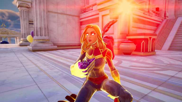 Captain Marvel eating a birthday cake slice in Fortnite.