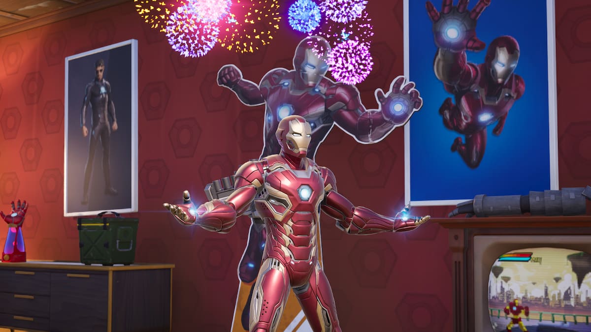 Iron Man standing in the Stark Fan Club in Fortnite.