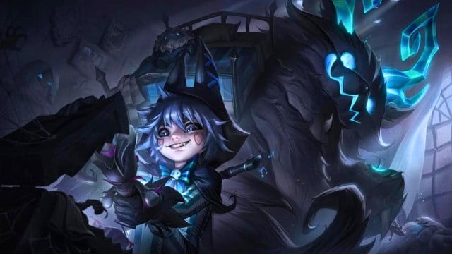 Nunu and Willump in black, green, and blue outfits for their Fright Night skins