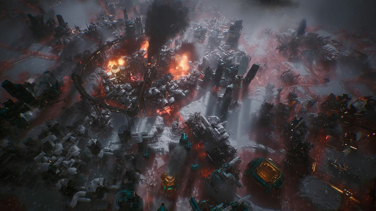 An industrial city with red smoke around it in Frostpunk 2