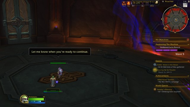 A player ready to leave the ritual hall for the awakening the machine event in wow the war within