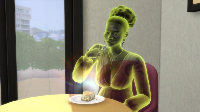 A Ghost Sim eating Ambrosia in The Sims 4.