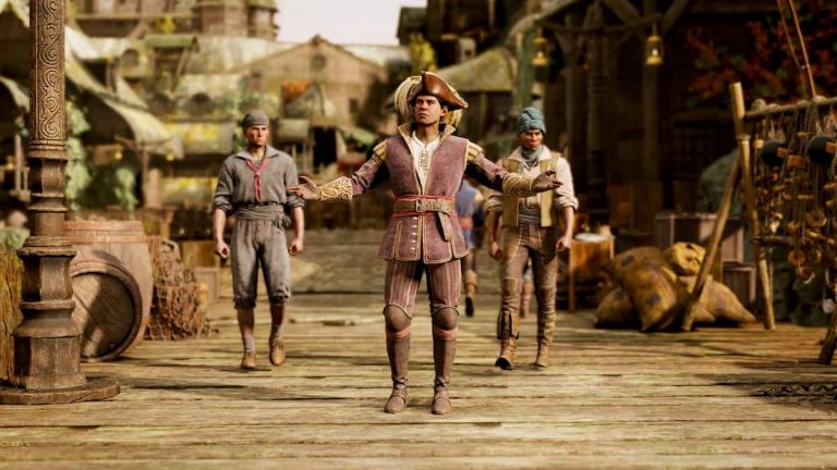 Three characters in Greedfall 2 walking on a pier.