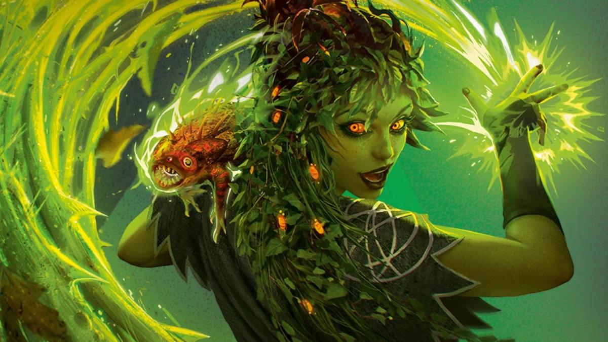 A Magic The Gathering spellcaster with green skin and jungle hair casts a magical spell