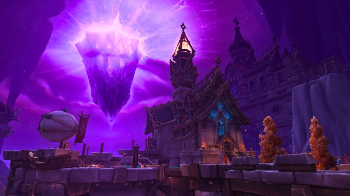 A crystal glowing purple and a belltower in wow the war within hallowfall zone