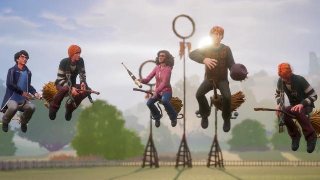 Harry, Ron, Hermione, Fred, and George flying on a Quidditch pitch in Harry Potter Quidditch Champions.