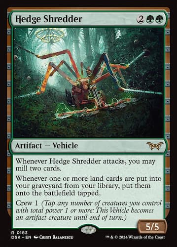 A redish brown spider vehicle in overgrowth of trees in haunted house MTG Duskmourn set