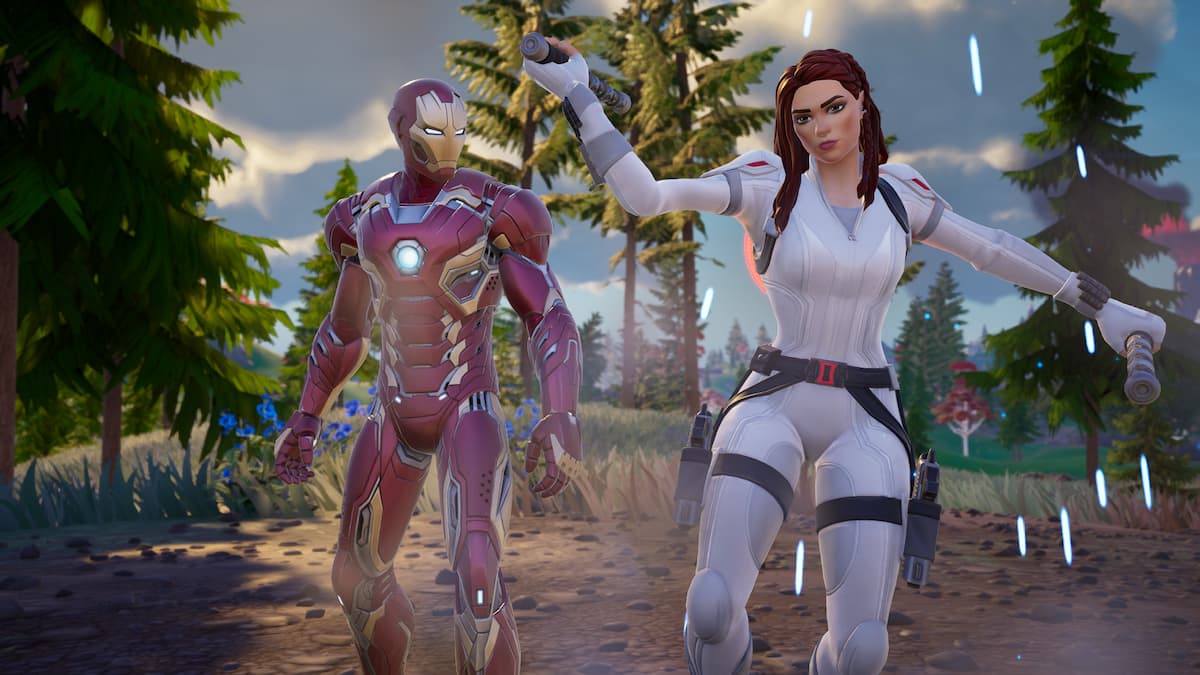 Iron Man and Black Widow standing together in Fortnite.