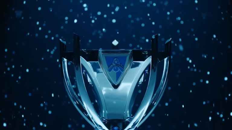 Worlds 2024 trophy in a blue background.