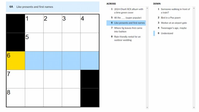 The Like presents and first names clue on the NYT Mini Crossword.