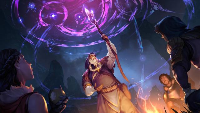 A wizard in League of Legends casts a huge spell into the winter sky while others watch on.