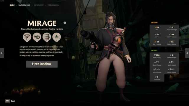 Mirage holding a weapon in the main menu of Deadlock.