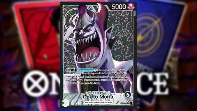 Gecko Moria from One Piece appears on a Black Leader card from the Bandai card game.