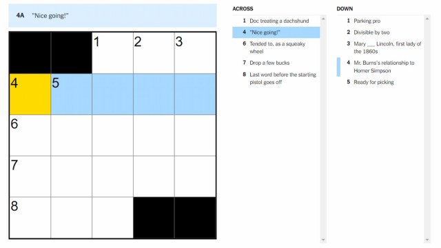 The "Nice going!" clue on the NYT Mini Crossword highlighted.