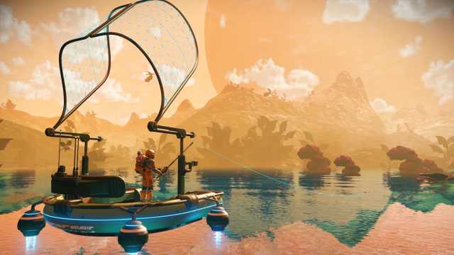 Traveler standing on a Exo-Skiff in No Man's Sky