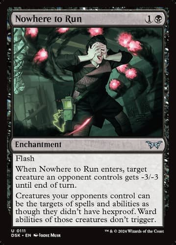 Human in black clothes with hands over eyes and head as magical red spots float around them in MTG Duskmourn set