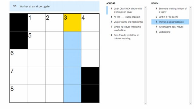 The Worker at an airport gate clue highlighted on the NYT Mini Crossword puzzle.