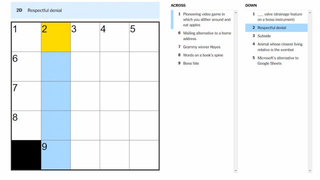 The respectful denial clue on the NYT Mini Crossword.