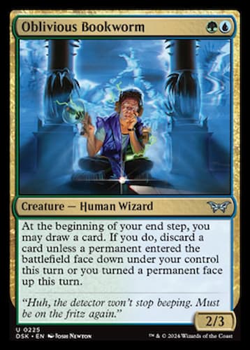 Young human wizard jaming to music and magic while studying in Duskmourn MTG set