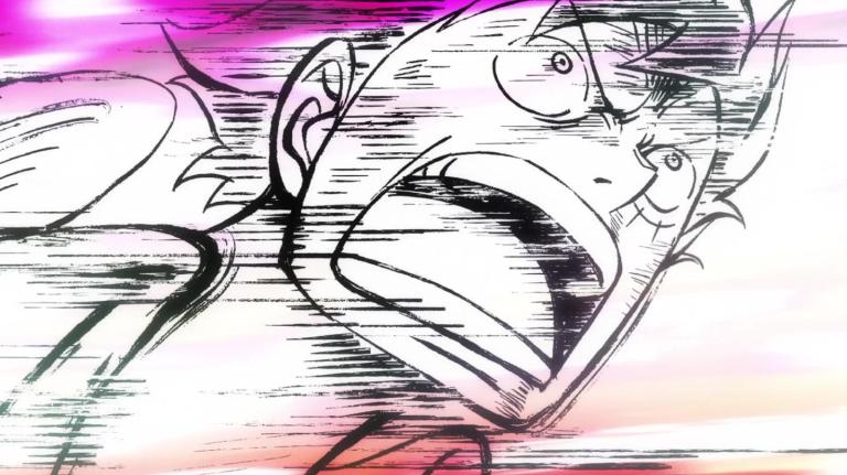 A sketch-style action shot of Luffy from One Piece midway through using one of his rubber attacks