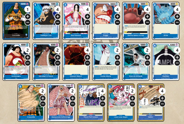 Fifty Blue One Piece Card Game cards from the Seven Warlords of the Sea deck.