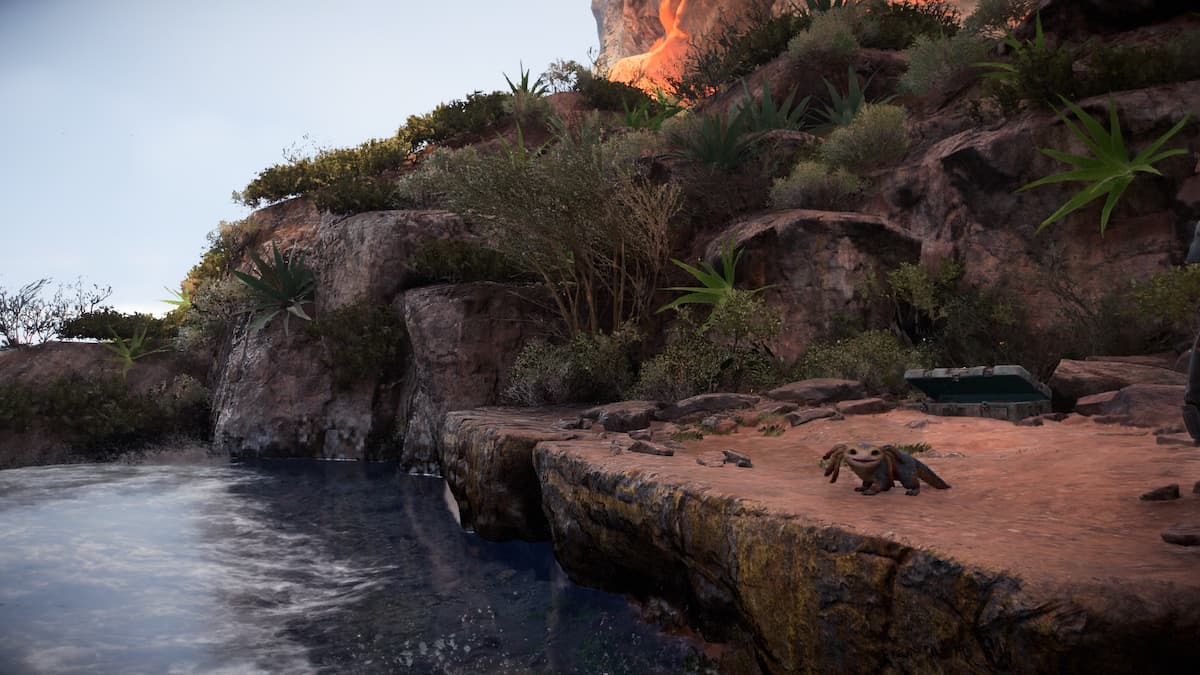 Nix on the beach near a smuggler's crate in Star Wars Outlaws