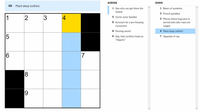 The Plant deep (within) clue marked on the NYT Mini Crossword.