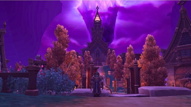 A player looking at the purple crystal in the sky in Hallowfall in WoW The War Within.